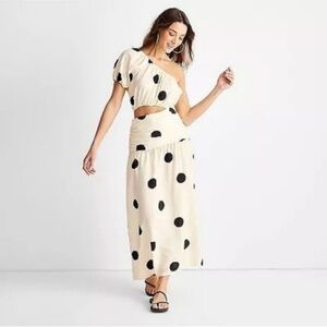 Future Collective Jenny K Lopez Polka Dot One Shoulder Cut-Out Midi Dress
